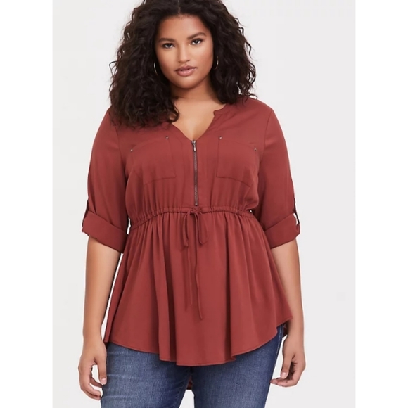 torrid Tops - Torrid Brick Red Stretch Challis Zip Front Babydoll Tunic
